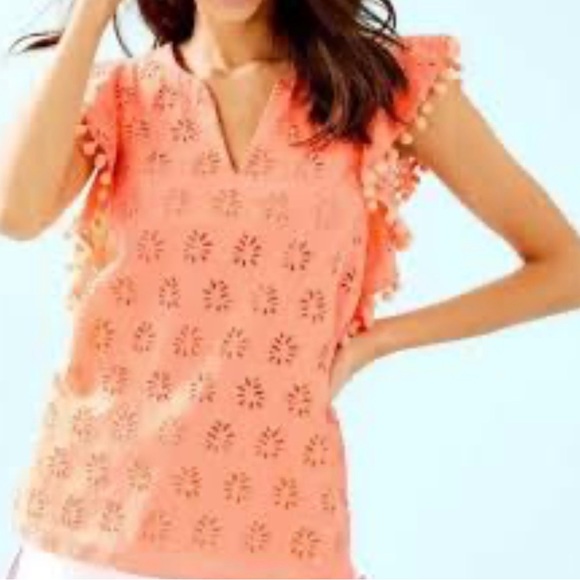 Lilly Pulitzer Tops - Lilly Pulitzer Coral Eyelet Blouse with Pom-Pom Trim size small